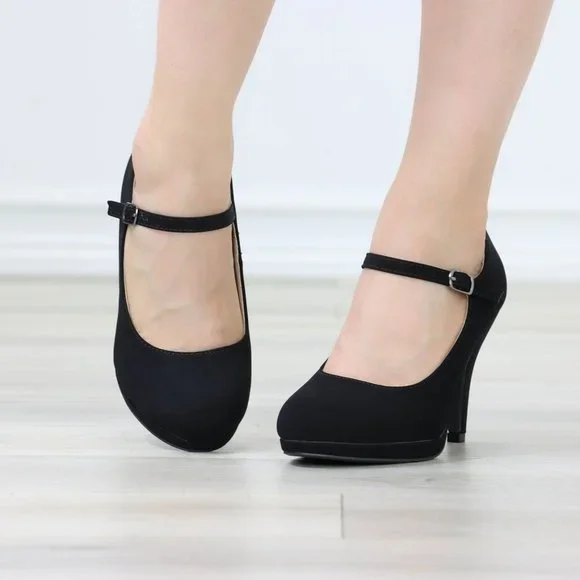 Black Rockabilly High Heels Ankle Strap Round Toe Classic Pumps Nubuck - Picture 11 of 12